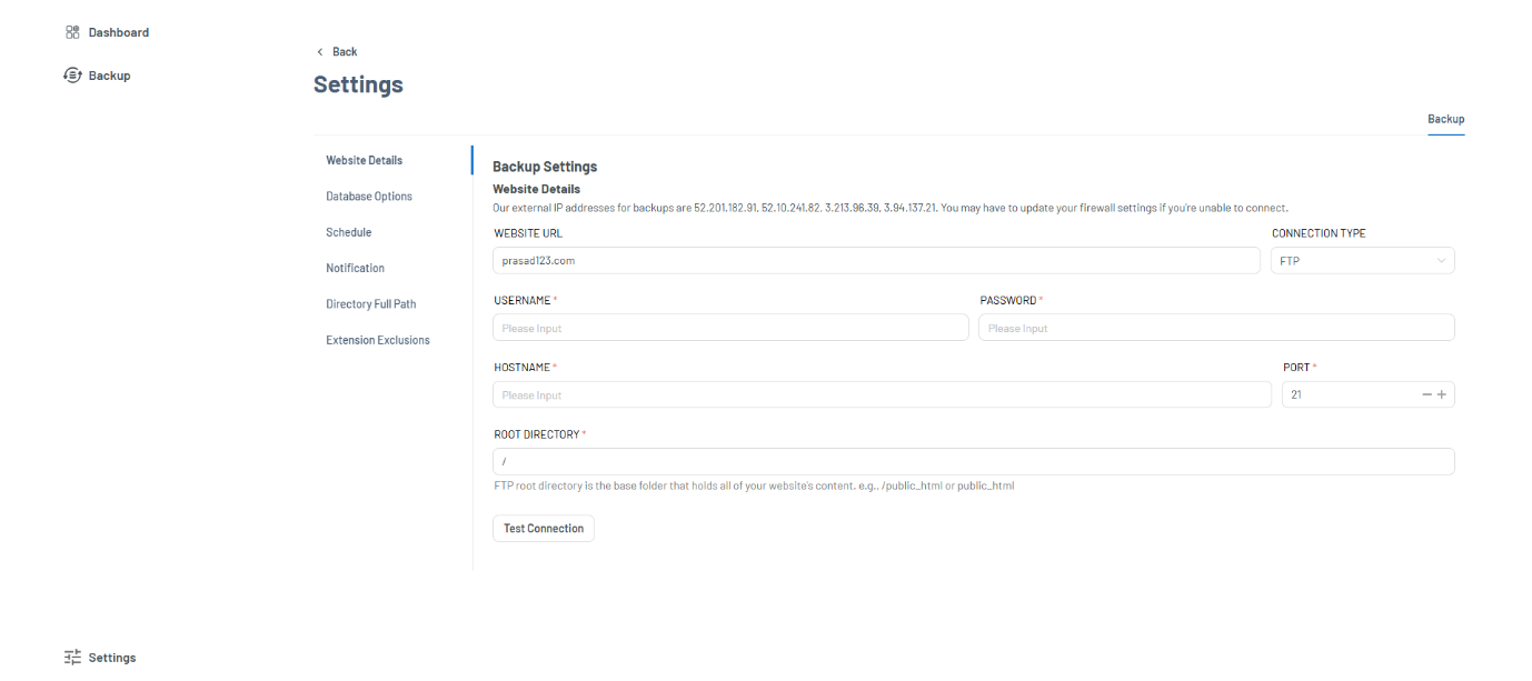 Xcitium Backup Website Details Settings Screen